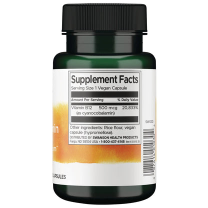 Swanson Vitamina B-12 (Cianocobalamina) 500 mcg, 100 Cápsulas